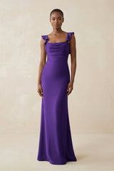 Ruffled Sleeve Sheath Satin Bridesmaid Dress in Amethyst - KISS BRIDAL Bridesmaid Dresses