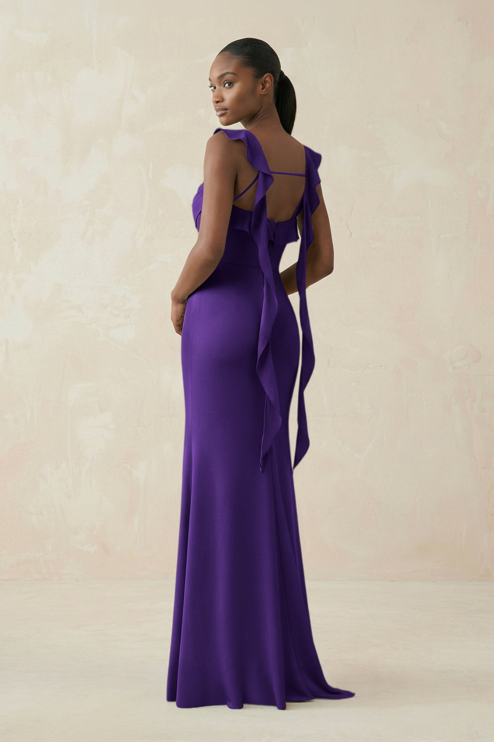 Ruffled Sleeve Sheath Satin Bridesmaid Dress in Amethyst - KISS BRIDAL Bridesmaid Dresses