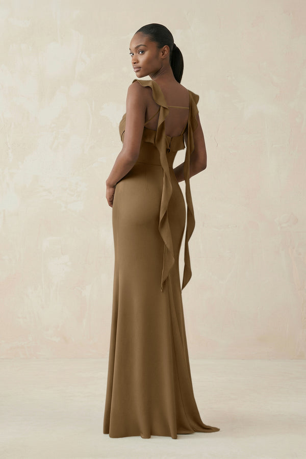 Ruffled Sleeve Sheath Satin Bridesmaid Dress in Apple Cinnamon - KISS BRIDAL Bridesmaid Dresses