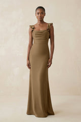 Ruffled Sleeve Sheath Satin Bridesmaid Dress in Apple Cinnamon - KISS BRIDAL Bridesmaid Dresses