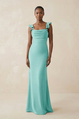 Ruffled Sleeve Sheath Satin Bridesmaid Dress in Aqua - KISS BRIDAL Bridesmaid Dresses