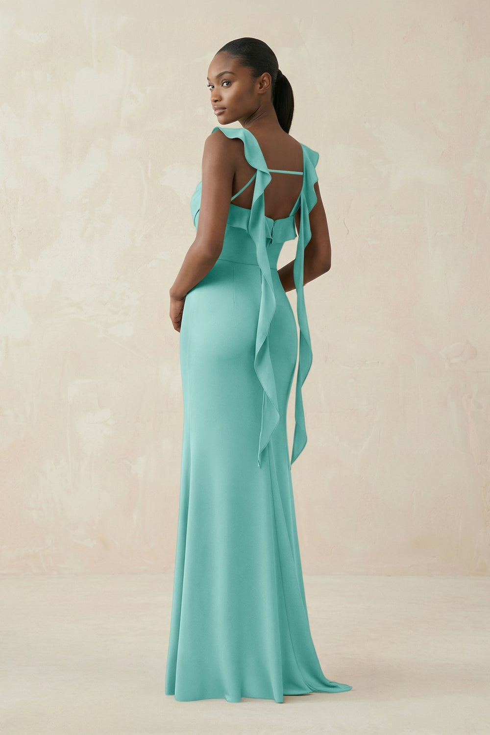 Ruffled Sleeve Sheath Satin Bridesmaid Dress in Aqua - KISS BRIDAL Bridesmaid Dresses