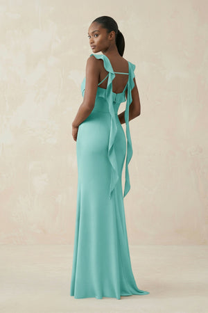 Ruffled Sleeve Sheath Satin Bridesmaid Dress in Aqua - KISS BRIDAL Bridesmaid Dresses