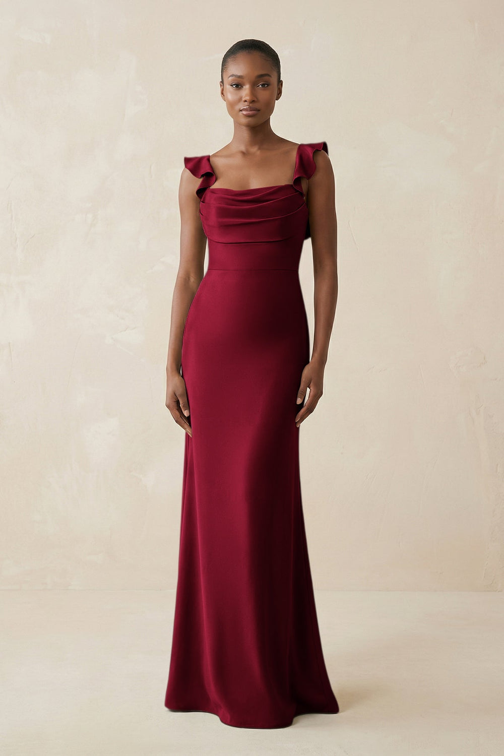 Ruffled Sleeve Sheath Satin Bridesmaid Dress in Berry - KISS BRIDAL Bridesmaid Dresses