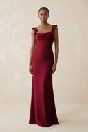 Ruffled Sleeve Sheath Satin Bridesmaid Dress in Berry - KISS BRIDAL Bridesmaid Dresses