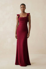 Ruffled Sleeve Sheath Satin Bridesmaid Dress in Berry - KISS BRIDAL Bridesmaid Dresses