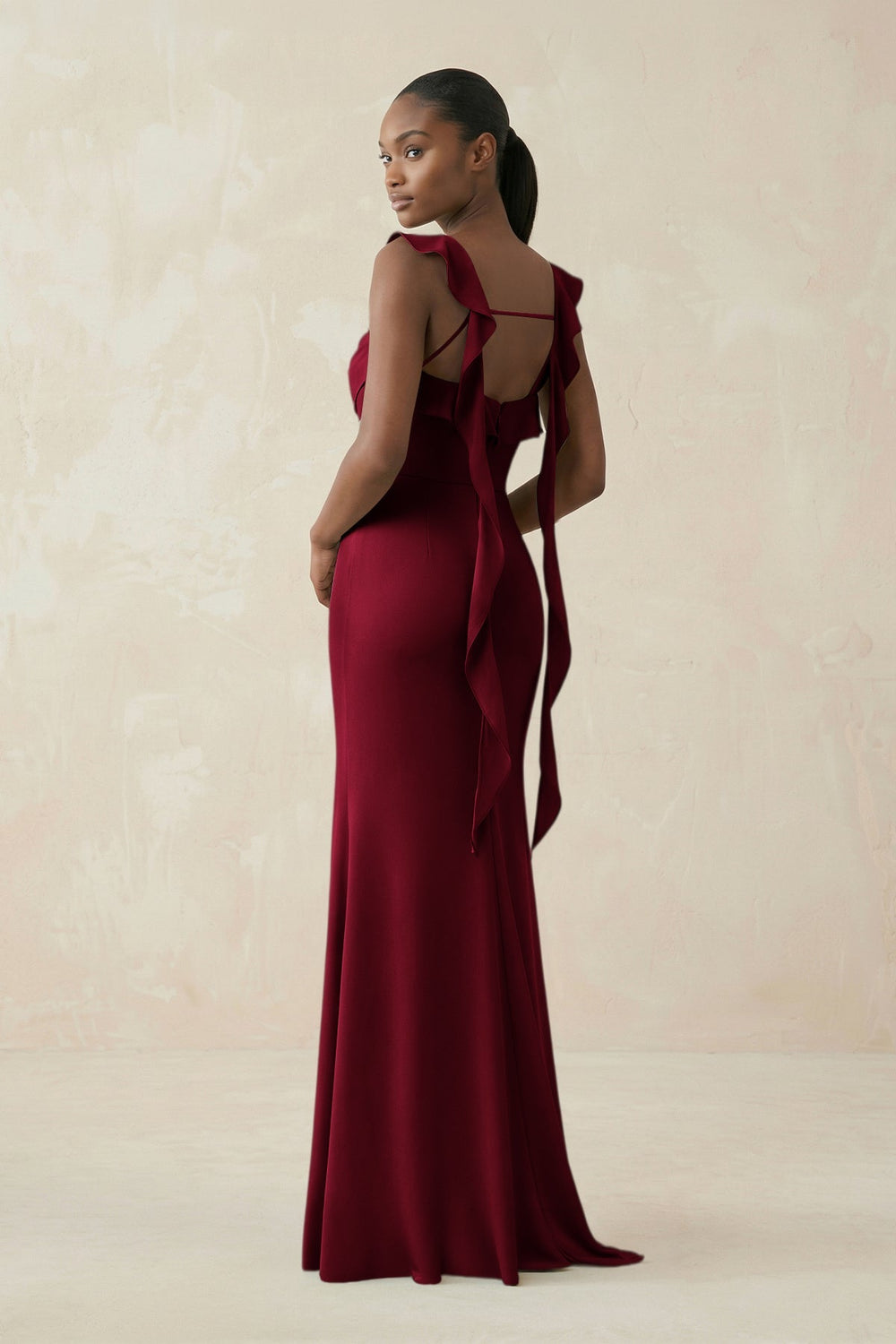 Ruffled Sleeve Sheath Satin Bridesmaid Dress in Berry - KISS BRIDAL Bridesmaid Dresses