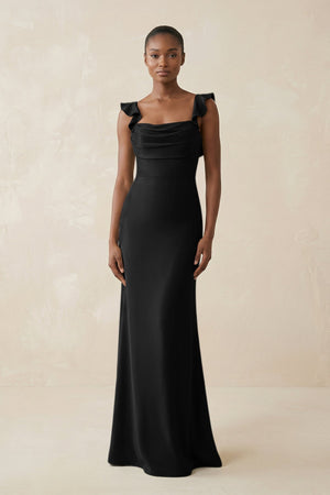 Ruffled Sleeve Sheath Satin Bridesmaid Dress in Black - KISS BRIDAL Bridesmaid Dresses