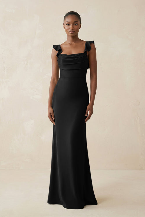 Ruffled Sleeve Sheath Satin Bridesmaid Dress in Black - KISS BRIDAL Bridesmaid Dresses