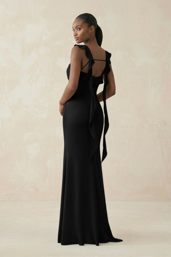 Ruffled Sleeve Sheath Satin Bridesmaid Dress in Black - KISS BRIDAL Bridesmaid Dresses