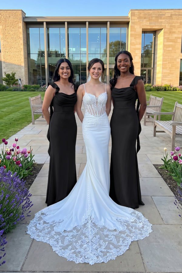Ruffled Sleeve Sheath Satin Bridesmaid Dress in Black - KISS BRIDAL Bridesmaid Dresses