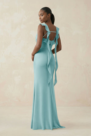 Ruffled Sleeve Sheath Satin Bridesmaid Dress in Bleached Aqua - KISS BRIDAL Bridesmaid Dresses