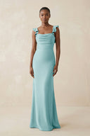 Ruffled Sleeve Sheath Satin Bridesmaid Dress in Bleached Aqua - KISS BRIDAL Bridesmaid Dresses