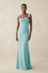 Ruffled Sleeve Sheath Satin Bridesmaid Dress in Bleached Aqua - KISS BRIDAL Bridesmaid Dresses