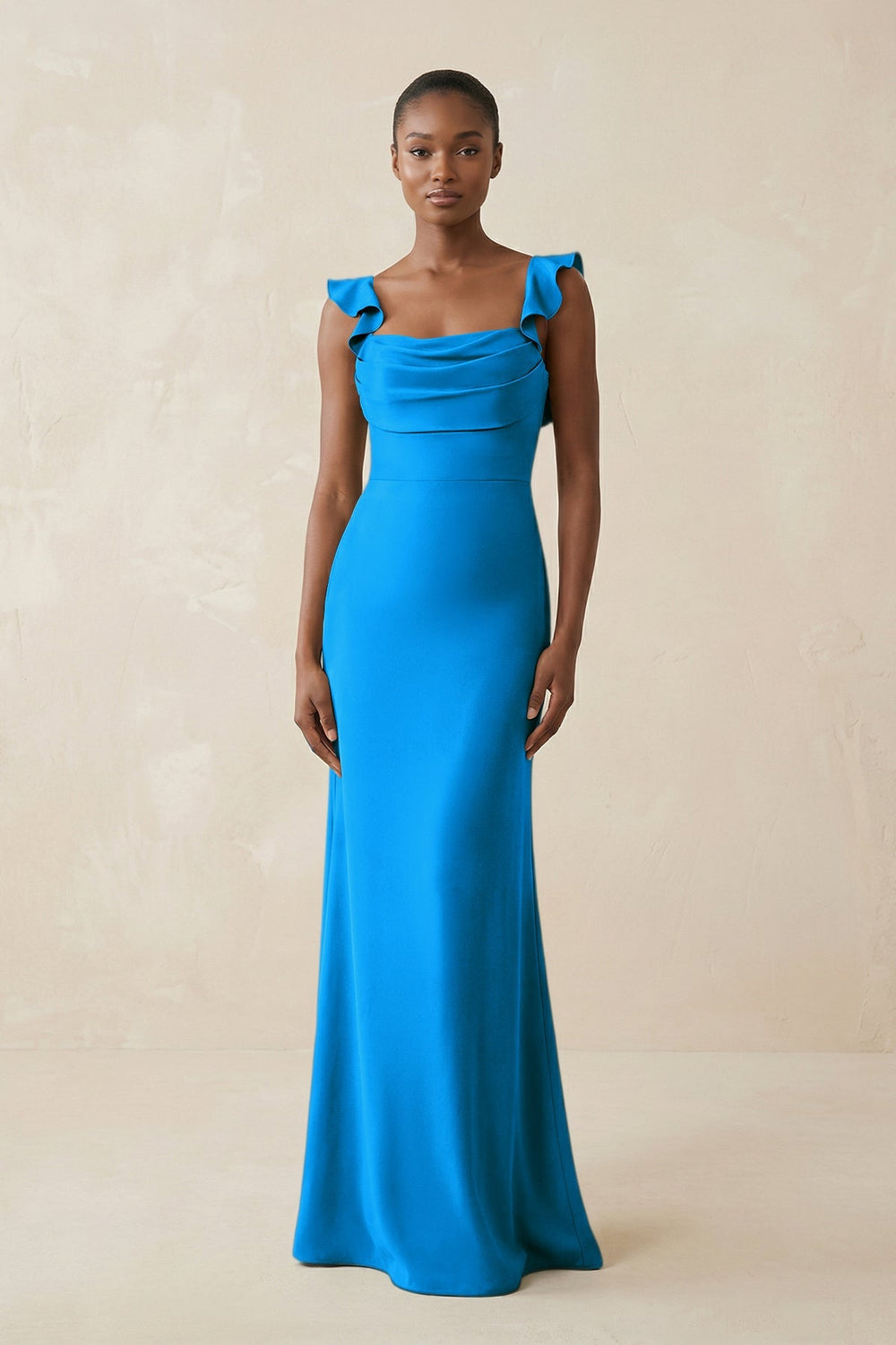 Ruffled Sleeve Sheath Satin Bridesmaid Dress in Blue Jay - KISS BRIDAL Bridesmaid Dresses