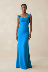 Ruffled Sleeve Sheath Satin Bridesmaid Dress in Blue Jay - KISS BRIDAL Bridesmaid Dresses