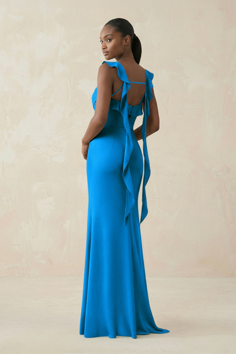 Ruffled Sleeve Sheath Satin Bridesmaid Dress in Blue Jay - KISS BRIDAL Bridesmaid Dresses