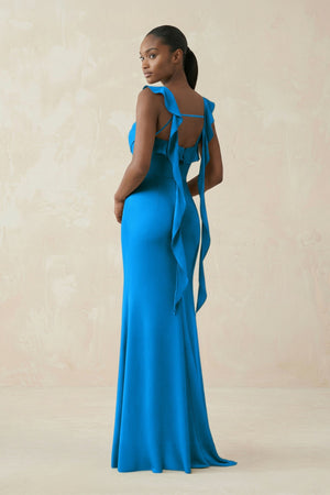 Ruffled Sleeve Sheath Satin Bridesmaid Dress in Blue Jay - KISS BRIDAL Bridesmaid Dresses
