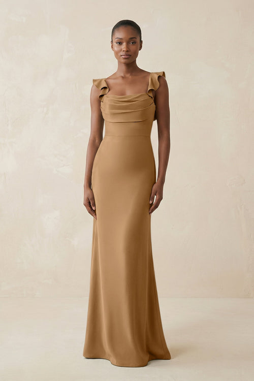 Ruffled Sleeve Sheath Satin Bridesmaid Dress in Bronzer - KISS BRIDAL Bridesmaid Dresses