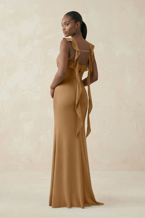 Ruffled Sleeve Sheath Satin Bridesmaid Dress in Bronzer - KISS BRIDAL Bridesmaid Dresses