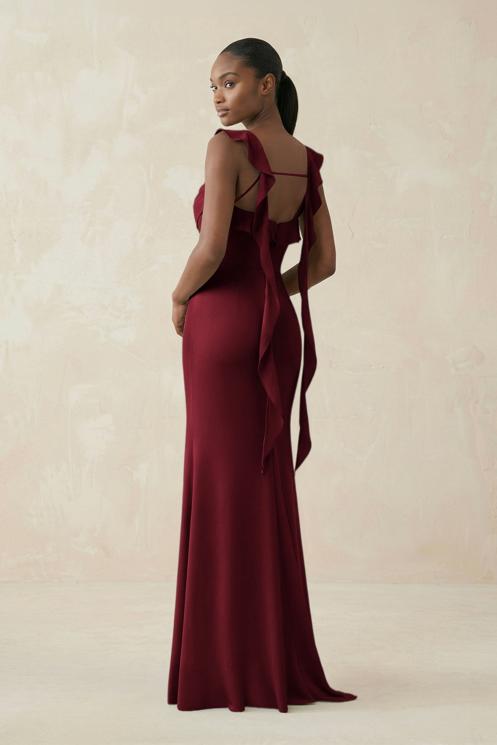 Ruffled Sleeve Sheath Satin Bridesmaid Dress in Burgundy - KISS BRIDAL Bridesmaid Dresses