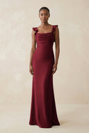 Ruffled Sleeve Sheath Satin Bridesmaid Dress in Burgundy - KISS BRIDAL Bridesmaid Dresses