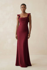 Ruffled Sleeve Sheath Satin Bridesmaid Dress in Burgundy - KISS BRIDAL Bridesmaid Dresses