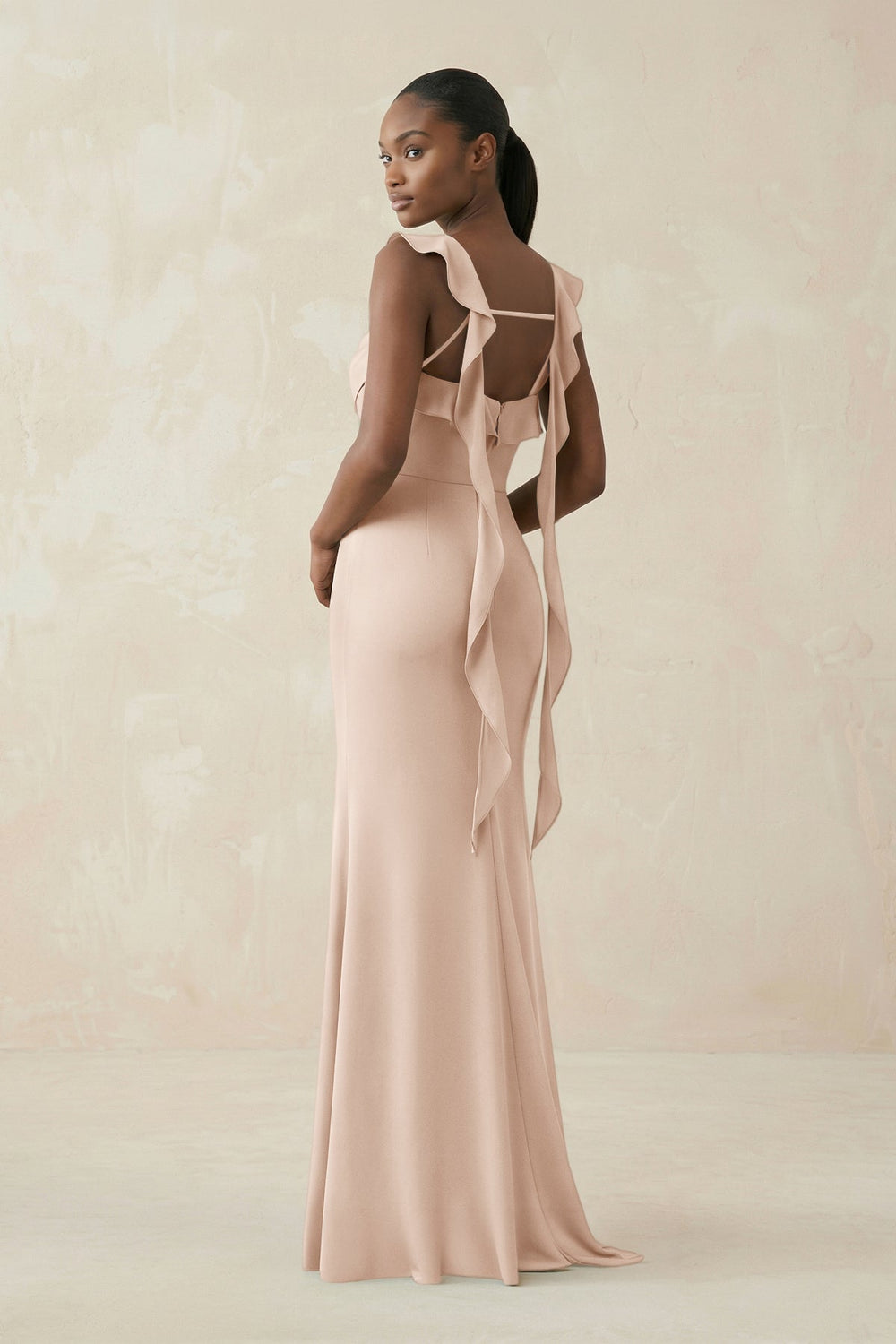Ruffled Sleeve Sheath Satin Bridesmaid Dress in Buttercream - KISS BRIDAL Bridesmaid Dresses