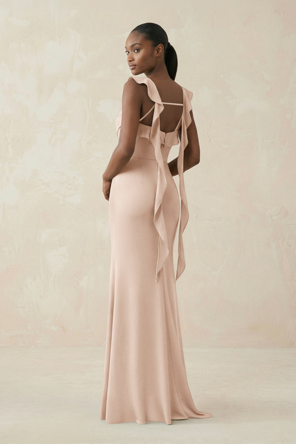 Ruffled Sleeve Sheath Satin Bridesmaid Dress in Buttercream - KISS BRIDAL Bridesmaid Dresses