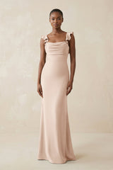 Ruffled Sleeve Sheath Satin Bridesmaid Dress in Buttercream - KISS BRIDAL Bridesmaid Dresses
