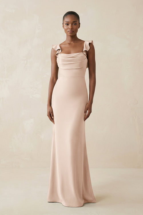 Ruffled Sleeve Sheath Satin Bridesmaid Dress in Buttercream - KISS BRIDAL Bridesmaid Dresses