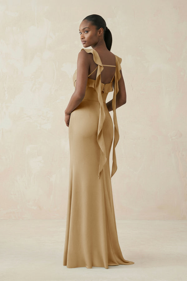 Ruffled Sleeve Sheath Satin Bridesmaid Dress in Champagne - KISS BRIDAL Bridesmaid Dresses