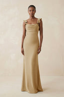 Ruffled Sleeve Sheath Satin Bridesmaid Dress in Champagne - KISS BRIDAL Bridesmaid Dresses