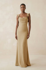 Ruffled Sleeve Sheath Satin Bridesmaid Dress in Champagne - KISS BRIDAL Bridesmaid Dresses