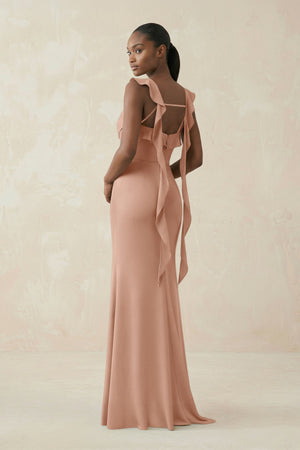Ruffled Sleeve Sheath Satin Bridesmaid Dress in Champagne Rose - KISS BRIDAL Bridesmaid Dresses