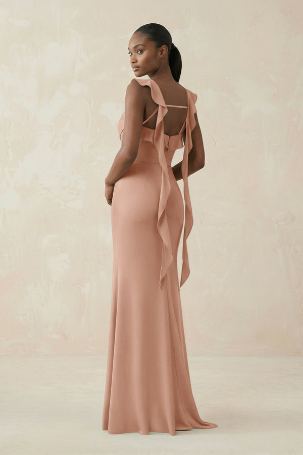 Ruffled Sleeve Sheath Satin Bridesmaid Dress in Champagne Rose - KISS BRIDAL Bridesmaid Dresses