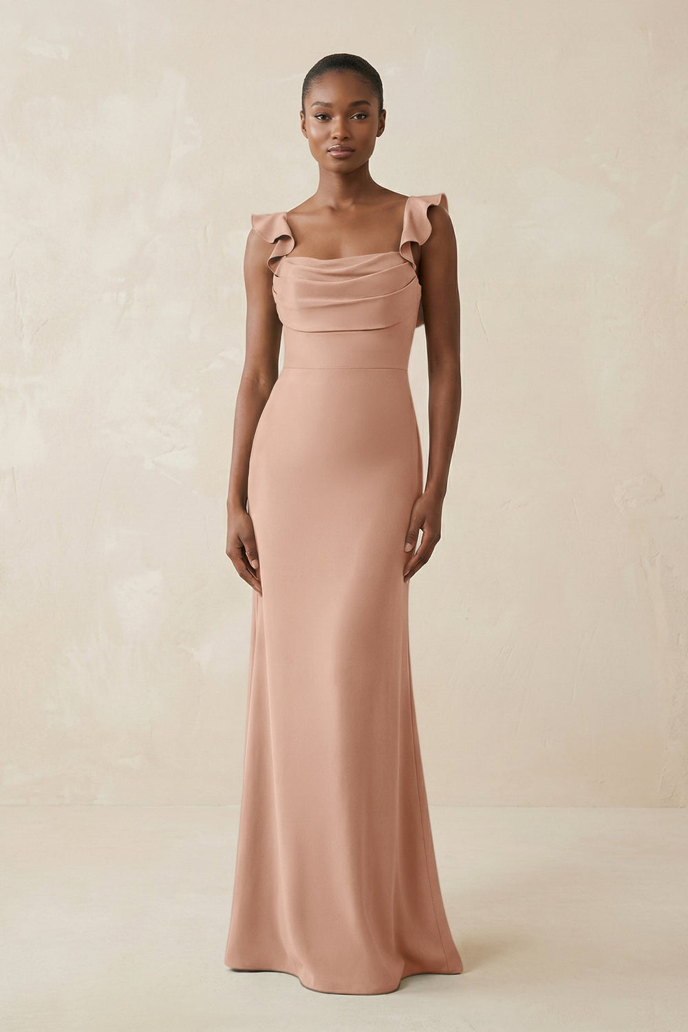 Ruffled Sleeve Sheath Satin Bridesmaid Dress in Champagne Rose - KISS BRIDAL Bridesmaid Dresses