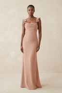 Ruffled Sleeve Sheath Satin Bridesmaid Dress in Champagne Rose - KISS BRIDAL Bridesmaid Dresses