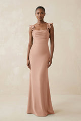 Ruffled Sleeve Sheath Satin Bridesmaid Dress in Champagne Rose - KISS BRIDAL Bridesmaid Dresses