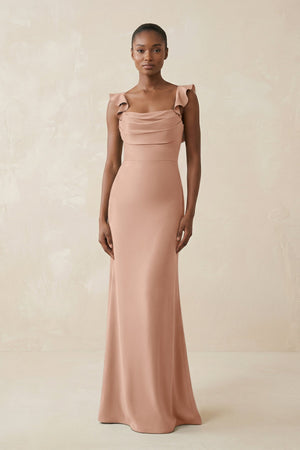 Ruffled Sleeve Sheath Satin Bridesmaid Dress in Champagne Rose - KISS BRIDAL Bridesmaid Dresses