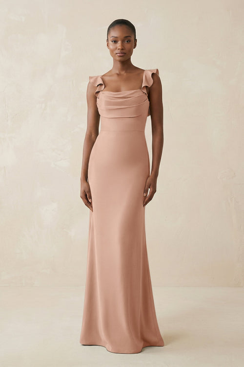 Ruffled Sleeve Sheath Satin Bridesmaid Dress in Champagne Rose - KISS BRIDAL Bridesmaid Dresses