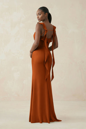Ruffled Sleeve Sheath Satin Bridesmaid Dress in Cinnamon - KISS BRIDAL Bridesmaid Dresses