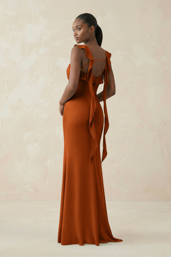 Ruffled Sleeve Sheath Satin Bridesmaid Dress in Cinnamon - KISS BRIDAL Bridesmaid Dresses
