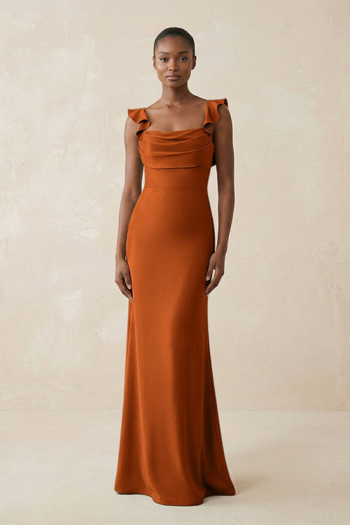 Ruffled Sleeve Sheath Satin Bridesmaid Dress in Cinnamon - KISS BRIDAL Bridesmaid Dresses