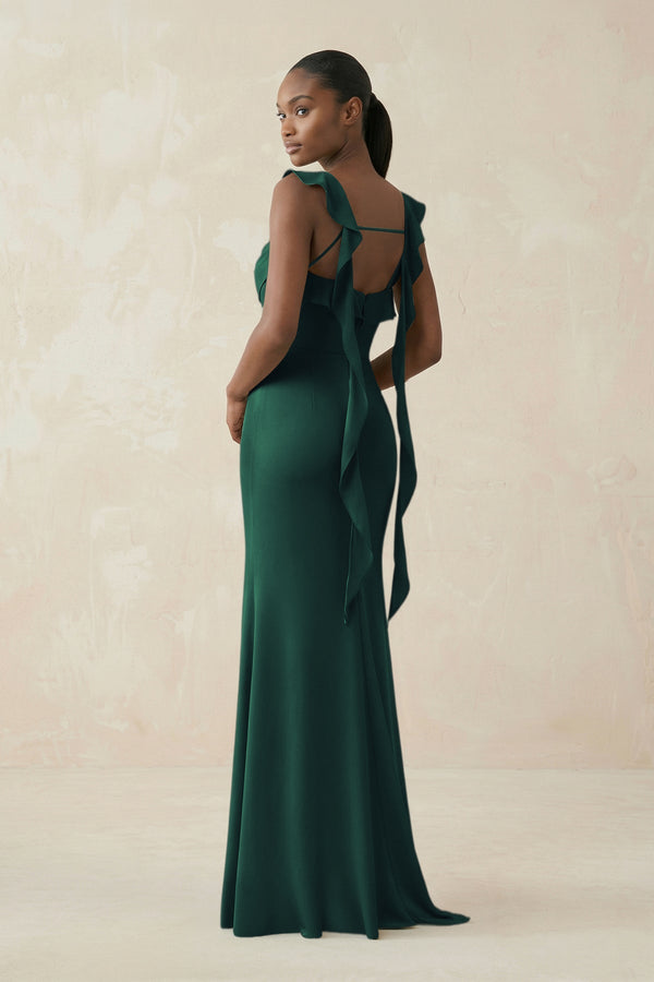 Ruffled Sleeve Sheath Satin Bridesmaid Dress in Dark Green - KISS BRIDAL Bridesmaid Dresses
