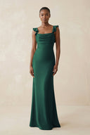 Ruffled Sleeve Sheath Satin Bridesmaid Dress in Dark Green - KISS BRIDAL Bridesmaid Dresses