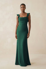 Ruffled Sleeve Sheath Satin Bridesmaid Dress in Dark Green - KISS BRIDAL Bridesmaid Dresses