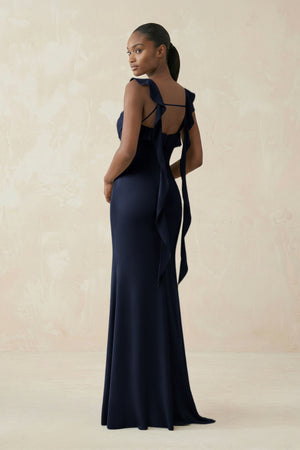 Ruffled Sleeve Sheath Satin Bridesmaid Dress in Dark Navy - KISS BRIDAL Bridesmaid Dresses