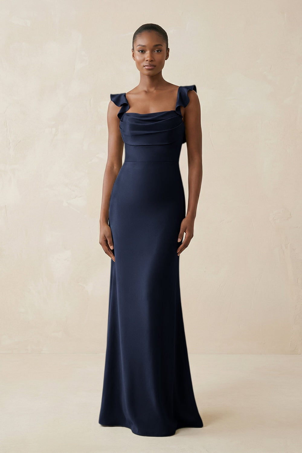 Ruffled Sleeve Sheath Satin Bridesmaid Dress in Dark Navy - KISS BRIDAL Bridesmaid Dresses
