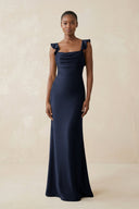 Ruffled Sleeve Sheath Satin Bridesmaid Dress in Dark Navy - KISS BRIDAL Bridesmaid Dresses